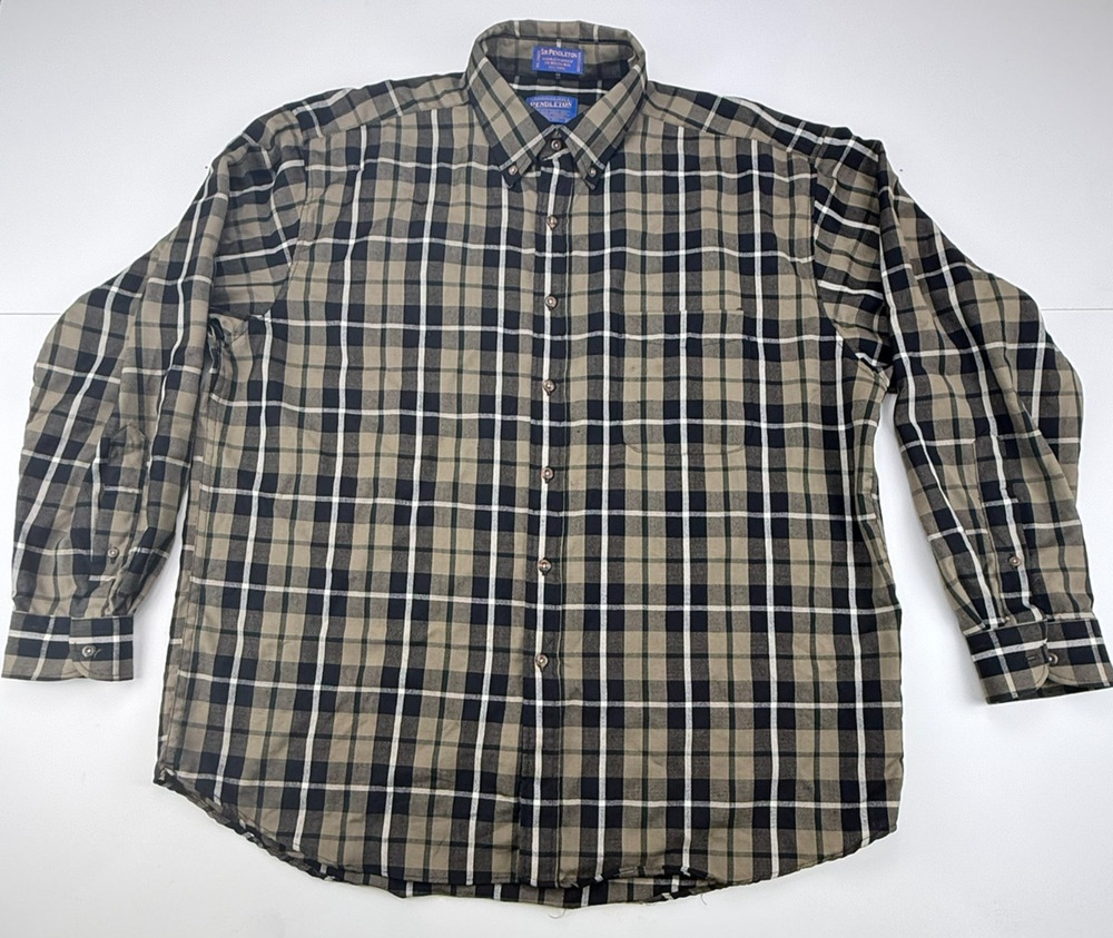 Sir Pendleton Mens XL 100% Virgin Wool Plaid Shirt Brown Black Button Down